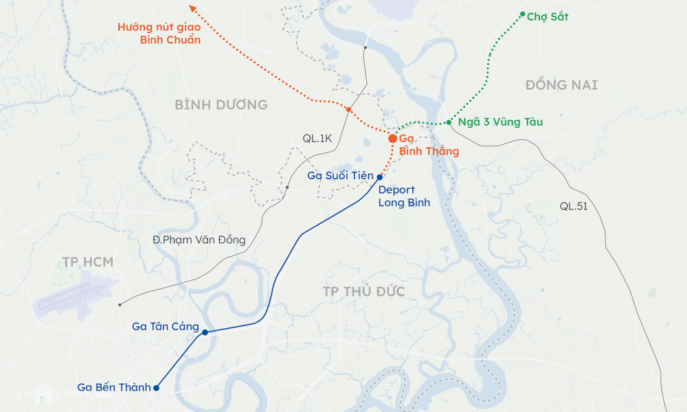 Hướng tuyến Metro số 1 và hai hướng dự định kéo dài lên Đồng Nai, Bình Dương