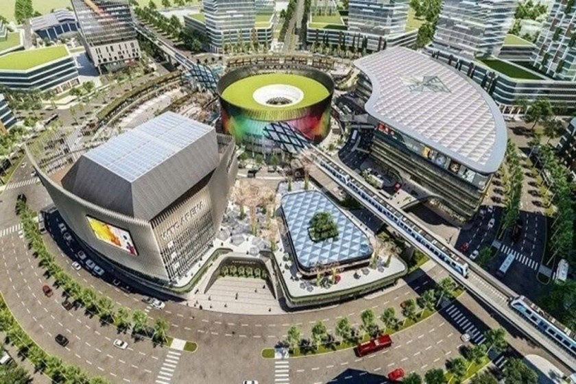 Mô hình trung tâm phức hợp tại thành phố mới Bình Dương có nhà ga cho tuyến metro kết nối Bình Dương - TP.HCM - Ảnh: BÁ SƠN chụp lại