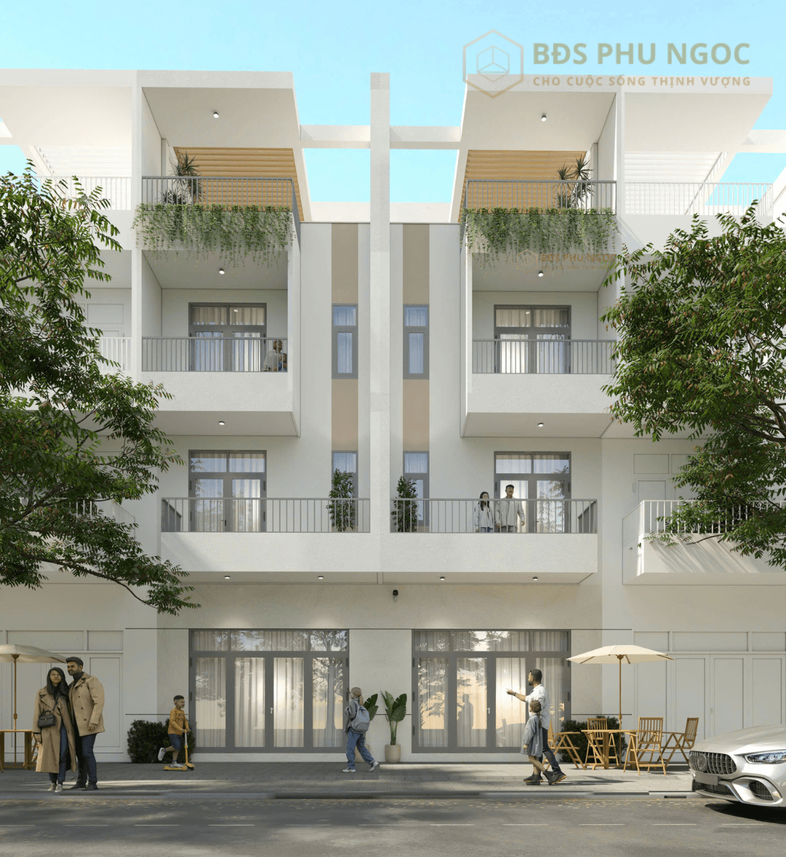 Mẫu nhà trục đường 30m với nhà phố 1 trệt 3 lầu được thiết kế thông thoáng mặt tiền được dùng để kinh doanh.