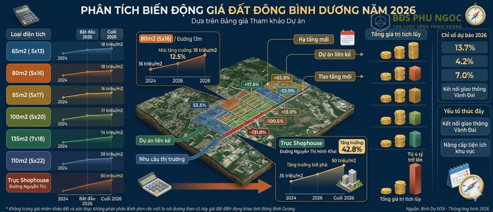 Hình ảnh phân tích biến động giá đất Đông Bình Dương năm 2026