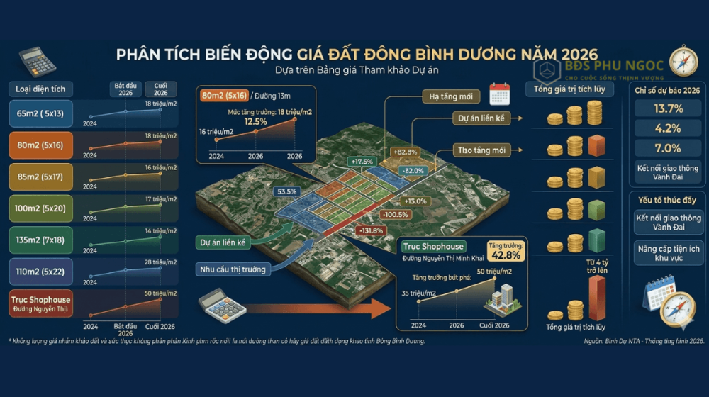 Bảng giá đất Đông Bình Dương 2026 (tham khảo): Phân khúc diện tích 80m2 - 100m2 vẫn chiếm ưu thế về thanh khoản.