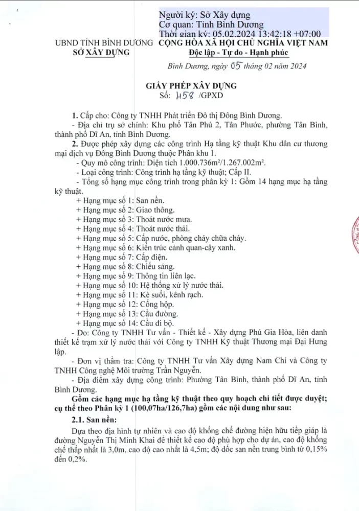 Sở Xây Dựng Tỉnh Bình Dương đã cấp giấy phép xây dựng cho Công ty TNHH Phát Triển Đô thị Đông Bình Dương để thực hiện dự án khu đô thị Đông Bình Dương