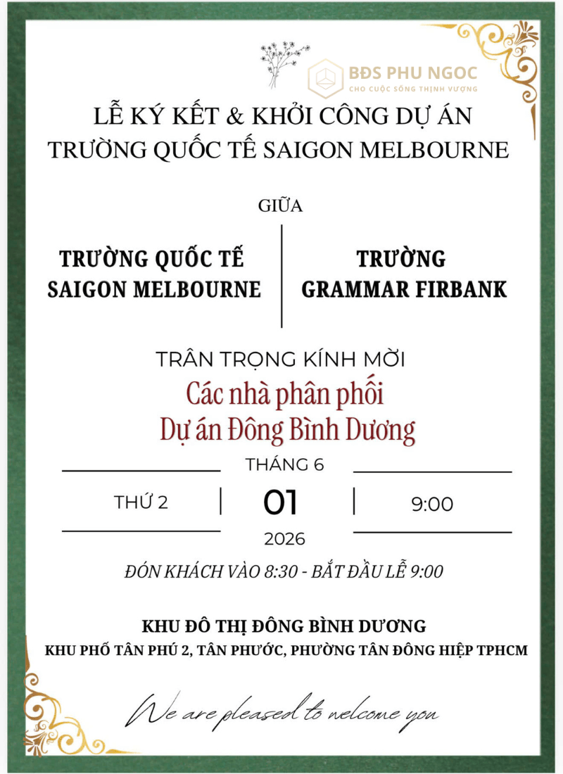 Thiệp mời lễ ký kết và khởi công dự án trường quốc tế Úc tại khu đô thị Đông Bình Dương ngày 1 tháng 6 năm 2026