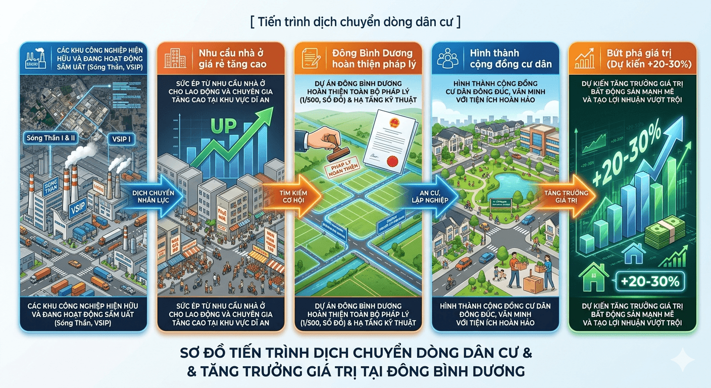Biểu đồ tăng trưởng và so sánh giá đất Đông Bình Dương dự kiến sinh lời 20% đến 30% ừng xuống tiền nếu chưa xem sơ đồ dịch chuyển cư dân và bảng so sánh giá đất Đông Bình Dương mới nhất năm 2026